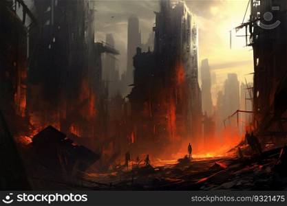 Destroyed apocalyptic city with rubble and red fire, generative ai