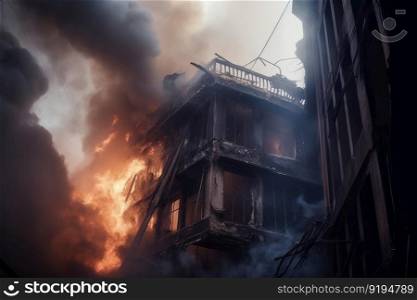 Destroyed fire building. Danger hazard. Generate Ai. Destroyed fire building. Generate Ai