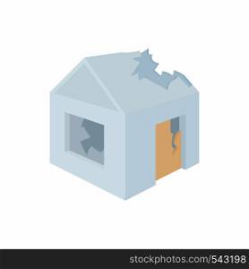 Destroyed house icon in cartoon style on a white background. Destroyed house icon in cartoon style