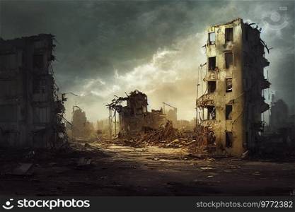 Destroyed in war post-apocalyptic abstract city background. Destroyed city background