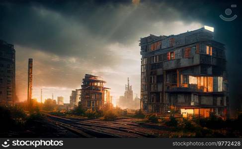 Destroyed in war post-apocalyptic city background. Destroyed city background