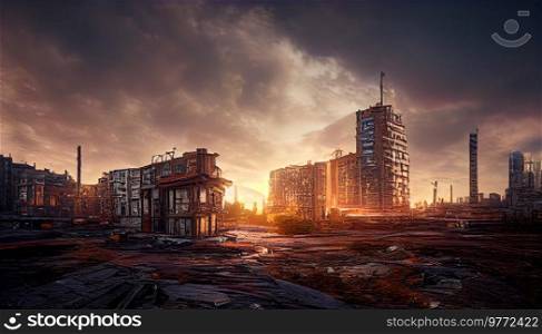 Destroyed in war post-apocalyptic city background under storm clouds. Destroyed city background
