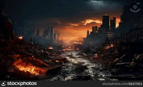Destroyed modern big city with collapsed bombed buildings and structures blown up by cars in the battle on the battlefield in the war.. Destroyed modern big city with collapsed bombed buildings and structures blown up by cars in the battle on the battlefield in the war