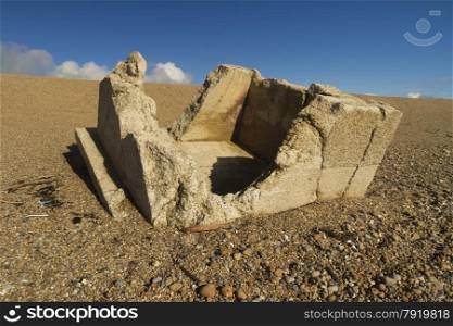 Destroyed WWII pillbox at the western end of the Chesil Beach, Abbotsbury, England, United Kingdom, Europe