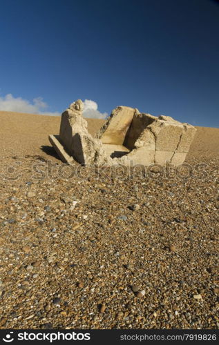 Destroyed WWII pillbox at the western end of the Chesil Beach, Abbotsbury, England, United Kingdom, Europe