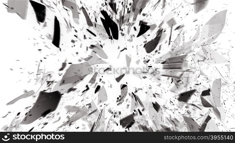 Destructed or demolished glass on white with motion blur. Large resolution