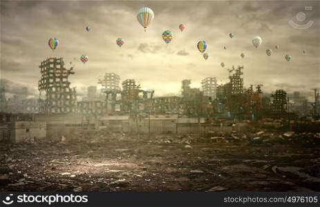 Destruction and pollution. Conceptual image of ruins of destroyed city