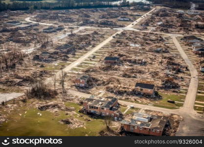 Destruction caused by a powerful tornado, in aerial view of its aftermath. Buildings reduced to rubble, cars tossed aside and debris scattered across the landscape. Generative AI.. Tornado aftermath in aerial view, generative AI.