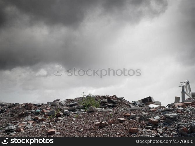 Destruction concept. Conceptual image of construction ruins and garbage
