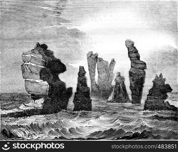 Destructive action of the Ocean, View of a group of rocks beaten by the waves, in the Shetland Islands, vintage engraved illustration. Magasin Pittoresque 1836.