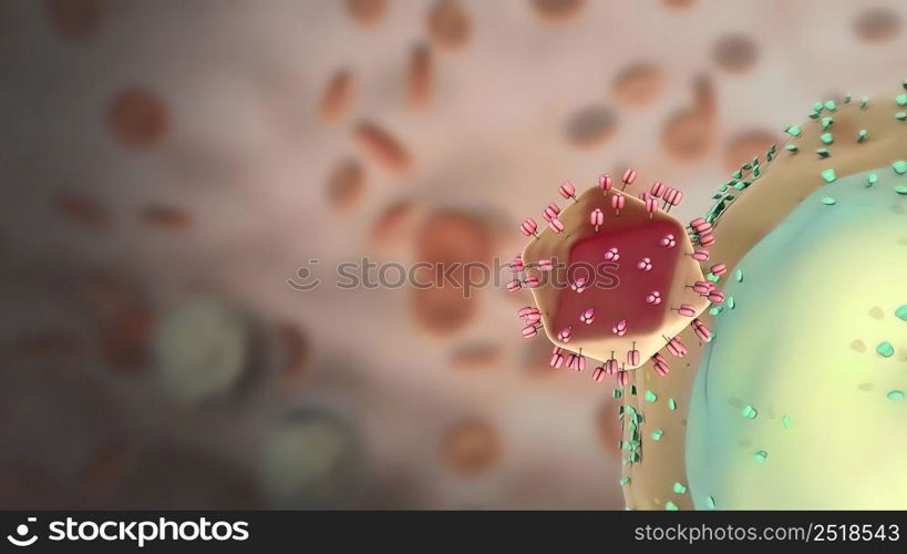 Destructive effect of virus on cells 3D illustration. Destructive effect of virus on cells