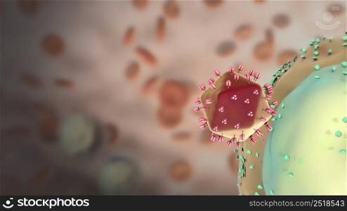 Destructive effect of virus on cells 3D illustration. Destructive effect of virus on cells