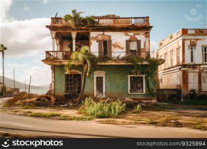 Destructive hurricane on a residential property. The house stands ruined, surrounded by debris and wreckage. Generative AI. House devastated by a recent Hurricane 