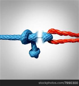 Detached concept and disconnected symbol as two different ropes tied and linked together as a breaking chain and losing trust or faith metaphor as separation and divorce or broken severed relationship.
