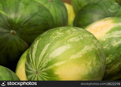 Detail close up of fresh, wholesome, green watermelons