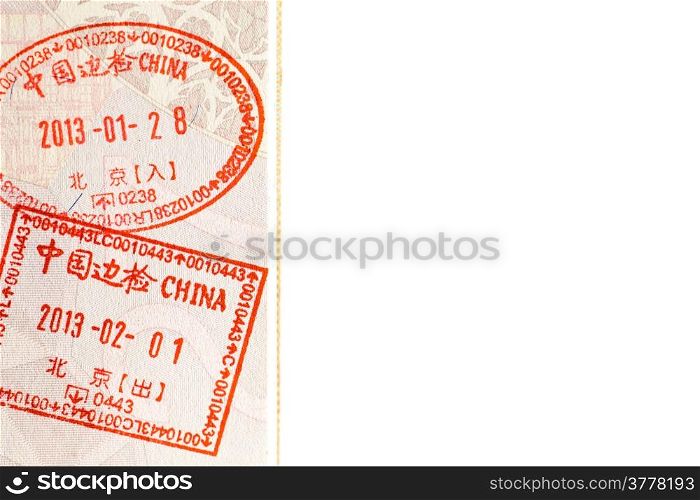 Detail of a China Visa on a real passport