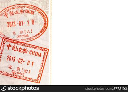 Detail of a China Visa on a real passport