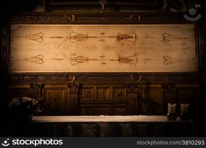Detail of a copy of the Holy Shroud of Turin, Italy