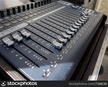Detail of a soundboard mixer electronic device. Soundboard mixer detail