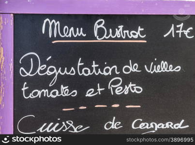 Detail of a tipical French menu in Provence - France