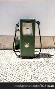 Detail of a vintage petrol bower with side tank and mechanical counter, in the Citadel of Cascais, Portugal