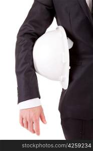 Detail of an engineer holding an helmet, isolated over white