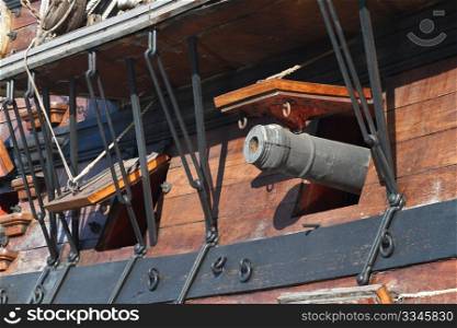 Detail of an historical galleon moored in the port of Genova, Italy