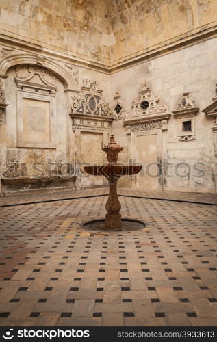 Detail of an old fountain inside the Seville Cathedral - Andalusia, Spain