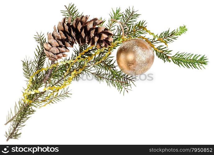 detail of christmas frame - branch of spruce tree with cone and gold ball on white background