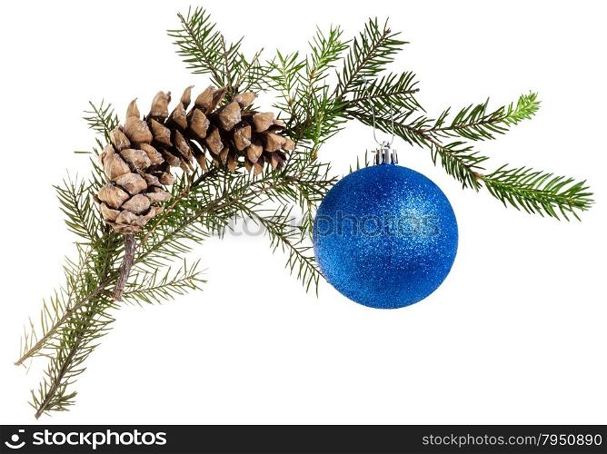 detail of christmas frame - twig of fir tree with cone and blue ball on white background