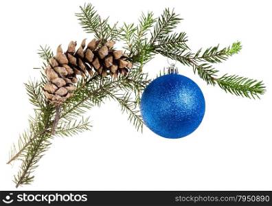 detail of christmas frame - twig of fir tree with cone and blue ball on white background