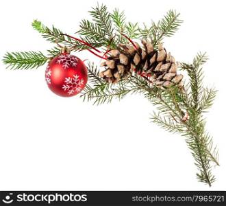 detail of christmas frame - twig of spruce tree with cone and red ball on white background