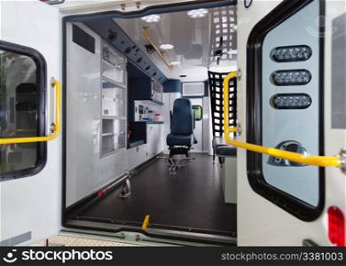 Detail of empty ambulance interior emergency vehicle