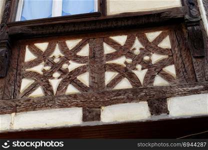Detail of fachwerkhaus, or timber framing, in Alsace, France