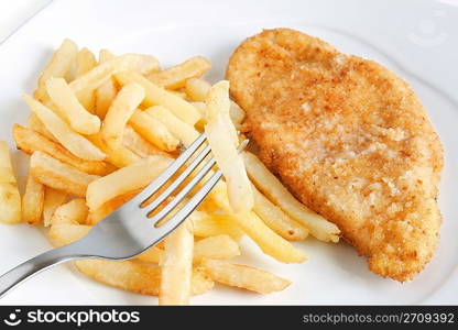 detail of fried potatoes and chicken