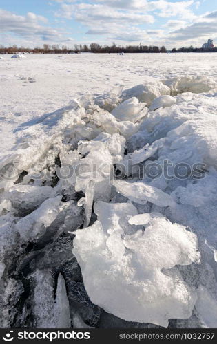 Detail of ice on the frozen Dnieper river in Kiev, Ukraine, during a cold winter