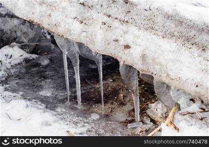 Detail of icicles melting from dirty slab of ice and snow.