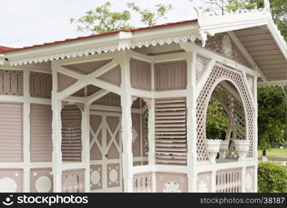 Detail of Keng Boo-Pah Pra-Paht, a little and charming structure in the grounds of the Bang Pa-in Palace compound, Thailand