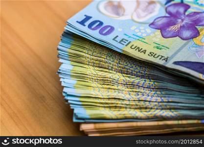 Detail of LEI banknotes. Staks of Romanian LEI banknotes. World money concept, inflation and economy concept