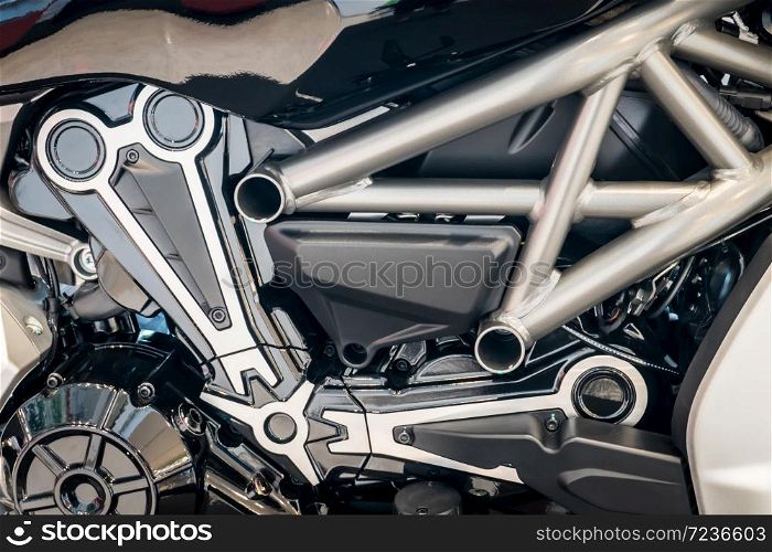 Detail of modern motorcycle engine. Motobike