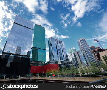 Detail of modern skyscrapers in Chicago, Illinois, USA.