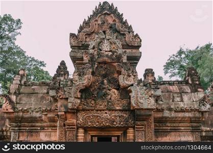 Detail of one of the multiple reliefs of the temple of Banteay Srei. Angkor. Cambodia
