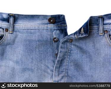 Detail of pair blue unbuttoned jeans