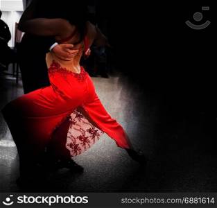 Detail of tango dancers in milonga ballroom