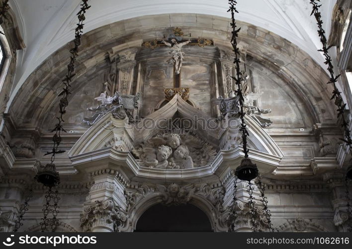 Detail of the Baroque and Italianized Neoclassical altarpiece of the Church of the Monastery of Saint Mary of Lorvao, Coimbra, Portugal