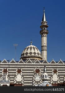 Detail of the black and white Abu Darwish Mosque in Amman, Jordan