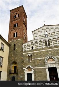 Detail of the Campanile and the upper section of the Church of San Pietro Somaldi in Lucca, Tuscany, Italy