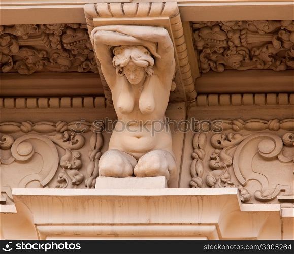 Detail of the carvings on the Casa de Balboa building in Balboa Park in San Diego