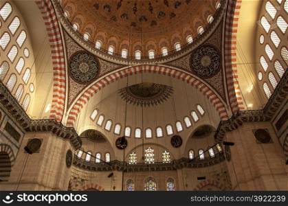 Detail of the ceiling of the Suleyman Mosque (Suleymaniye Camii) in Istanbul, Turkey.