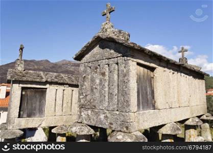 Detail of the communitarian granaries, called espigueiros, in the village of Soajo, Peneda National Park, Northern Portugal